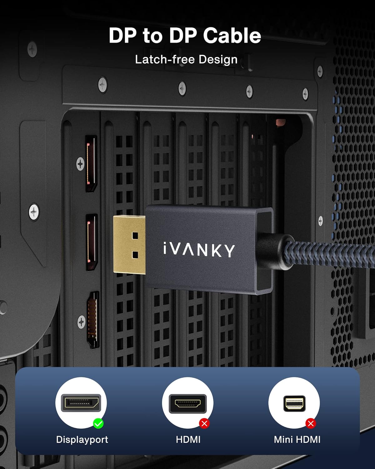IVANKY VESA Certified DisplayPort Cable, 6.6ft DP Cable 1.2, [4K@60Hz, 2K@165Hz, 2K@144Hz], High Speed Gold-Plated Display Port to Display Port Cabl, for Gaming Monitor, Graphics Card, TV, PC, Laptop