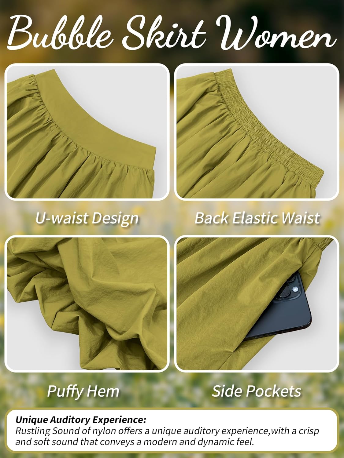 ELLEVEN Women's Bubble Maxi Skirt, Elastic Waist Puffy Hem A-Line Skirt with Pockets