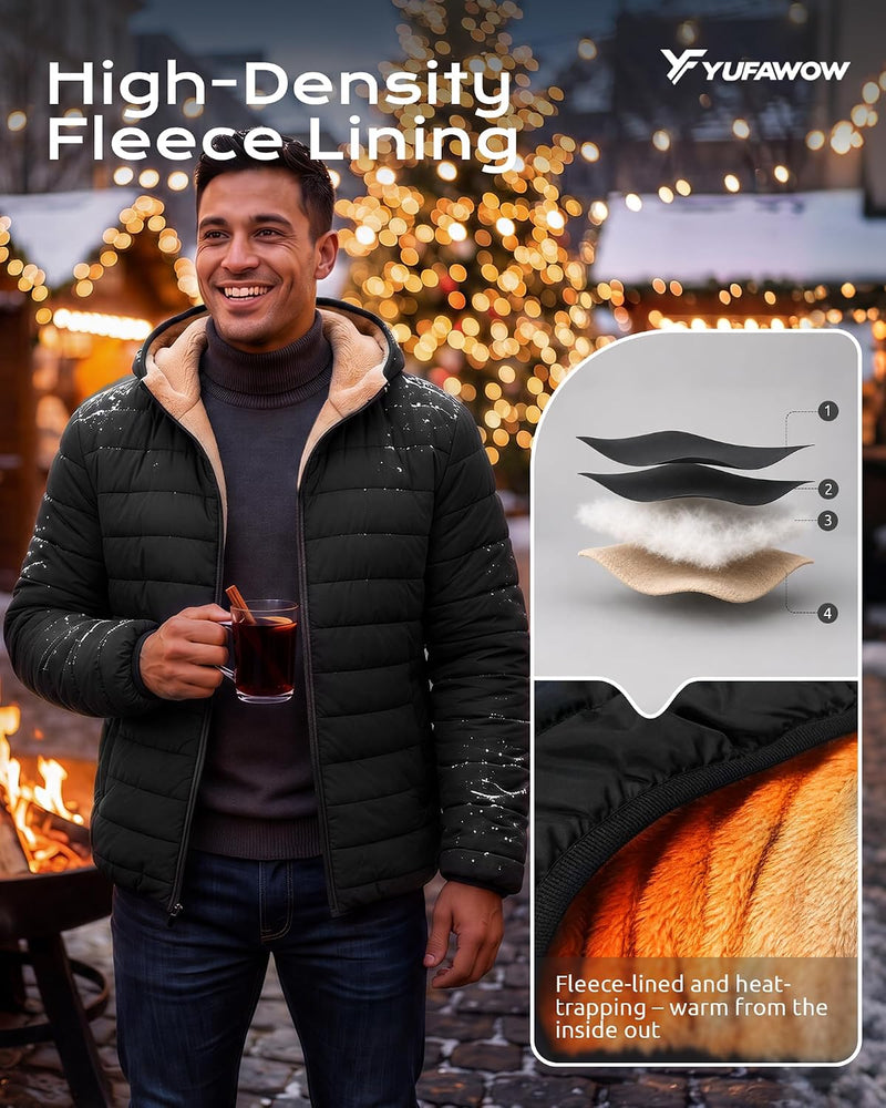 Yufawow Men Puffer Jacket Insulated Warm Coat Sherpa Fleece Lined Lightweight for Cold Weather Outdoor Work Winter Casual Clothes