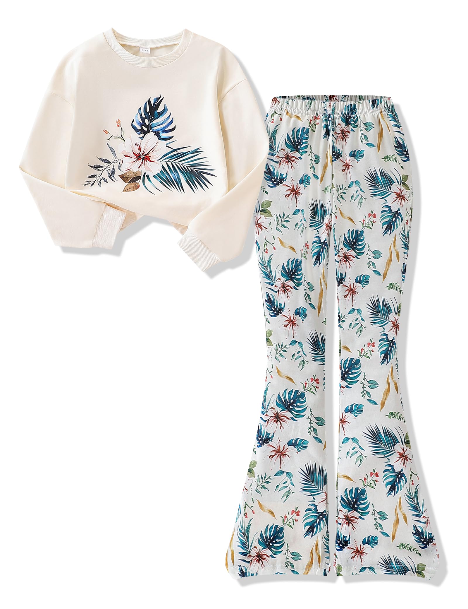 Voxikidio Girls 2 Piece Outfits Long Sleeve Butterfly Sweatshirt & Flared Pants Fall Clothing Set Size 7-12 Years