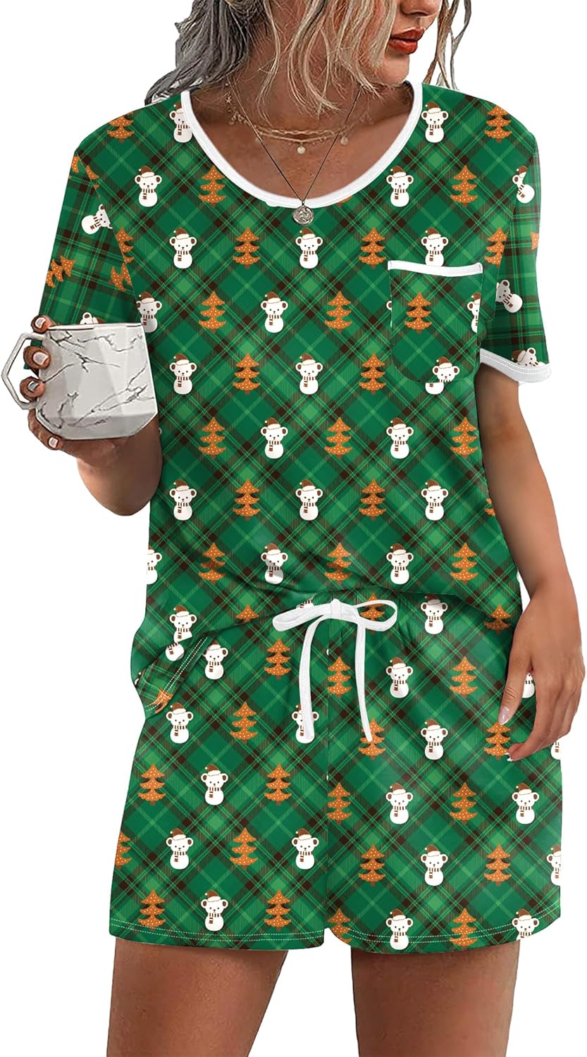 Ekouaer Pajama Set for Women 2 Piece Lounge Set Short Sleeve Tops and Shorts Soft Sleepwear, Chest Pocket-99