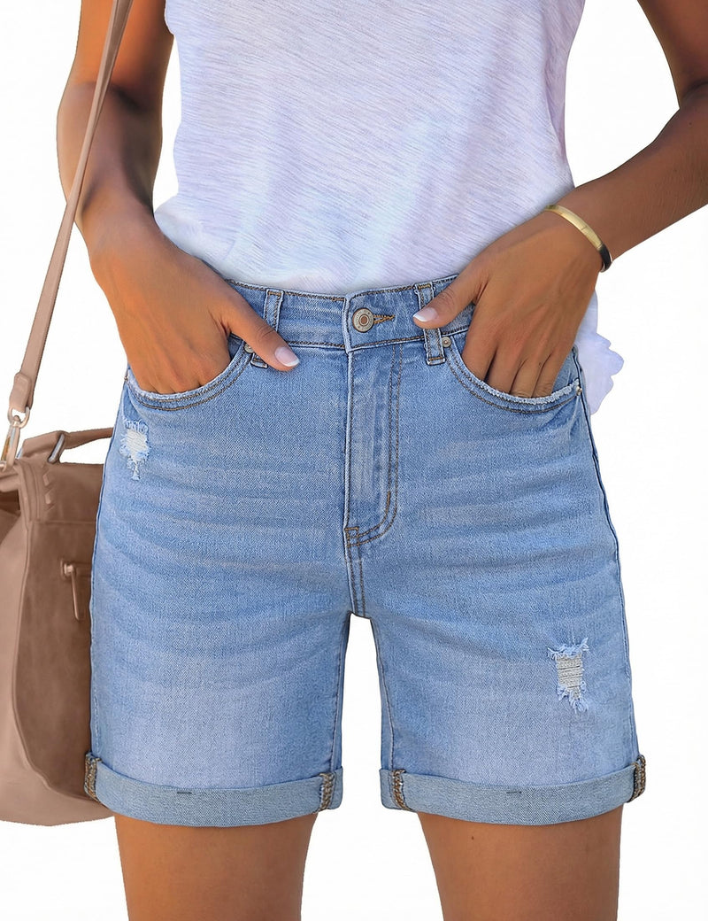 luvamia Women's Casual Ripped Denim Shorts High Rise Distressed Rolled Hem Jeans Shorts