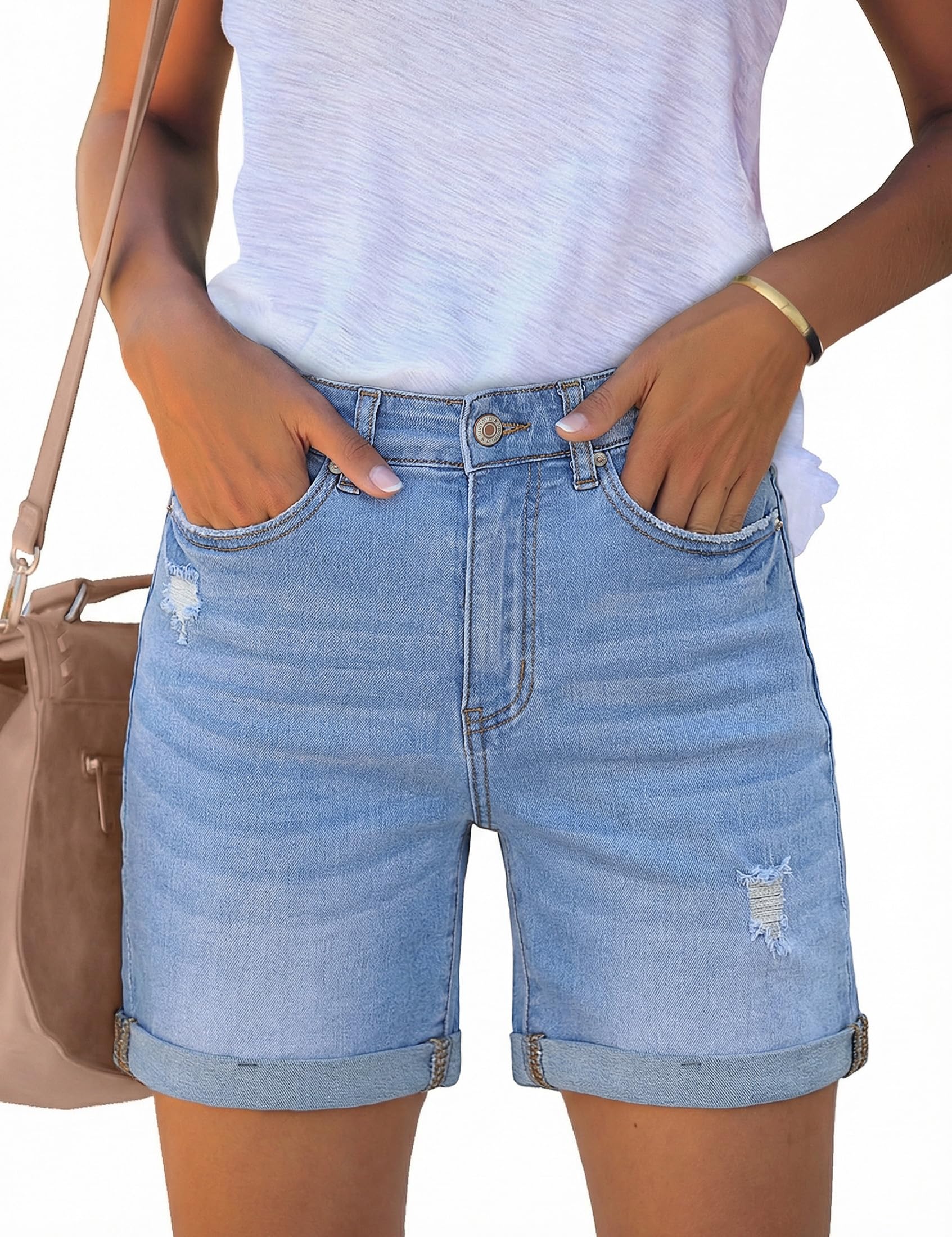 luvamia Women's Casual Ripped Denim Shorts High Rise Distressed Rolled Hem Jeans Shorts