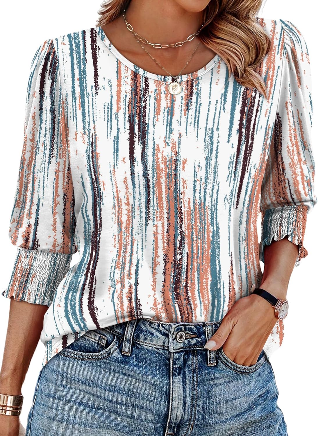 XIEERDUO Blouses for Women Dressy Casual 3/4 Length Sleeve Womens Tops with Smocked Cuffs-71