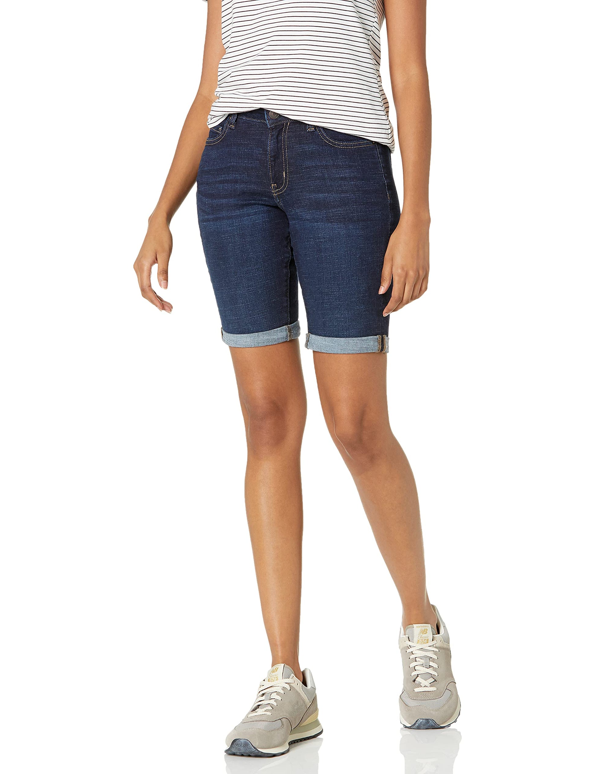 Amazon Essentials Women's Mid-Rise Stretchy Slim Fit Denim Bermuda Shorts with Pockets