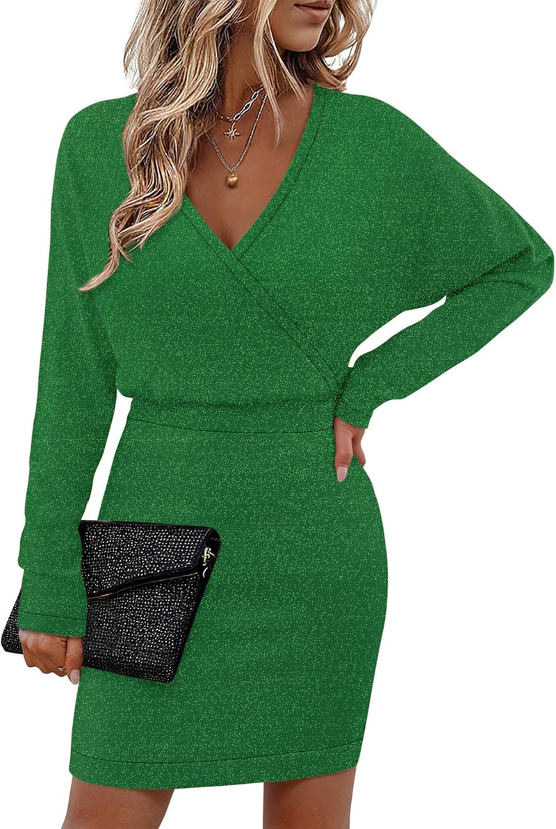 Bebonnie Womens Sexy V Neck Batwing Sleeve Sparkly Cocktail Party Sweater Dresses Holiday Bodycon Midi Dress-14