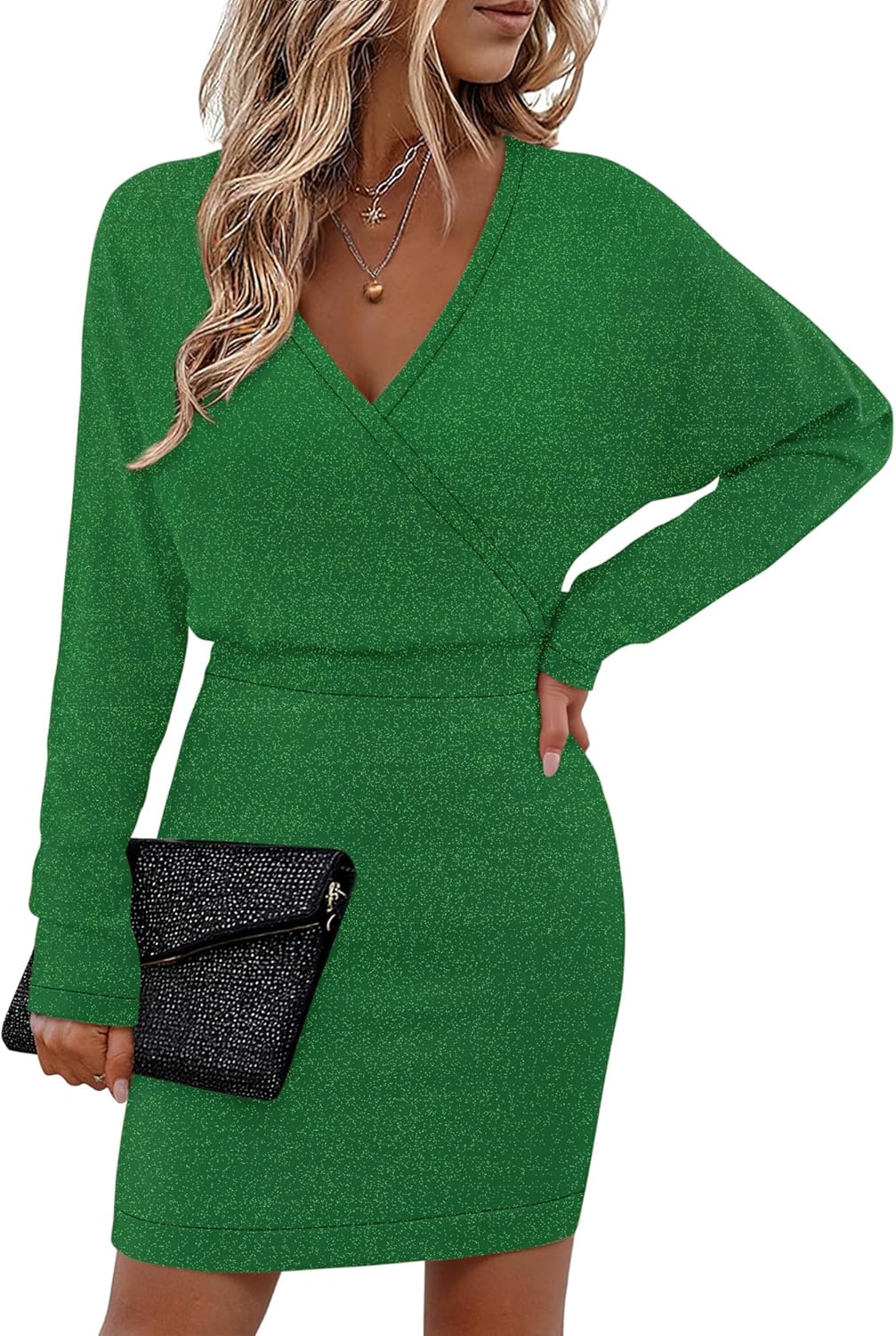 Bebonnie Womens Sexy V Neck Batwing Sleeve Sparkly Cocktail Party Sweater Dresses Holiday Bodycon Midi Dress-11