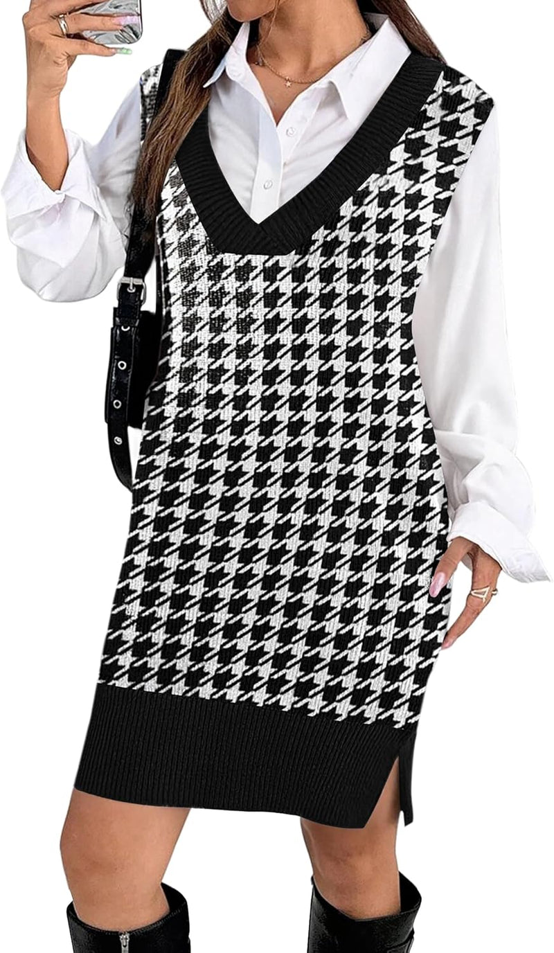 Zeagoo Women's V Neck Sweater Vest Dress Oversized Sleeveless Casual Pullover Sweater Fall Winter Knit Slit Short Dress-11