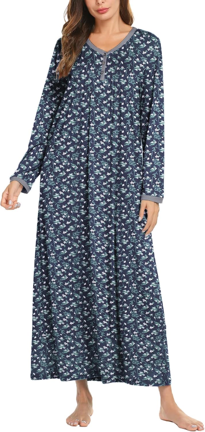 Ekouaer Women's Long Sleeve Nightgown Full Length Sleepwear Long Sleepshirts Henley Sleep Dress S-4XL-86