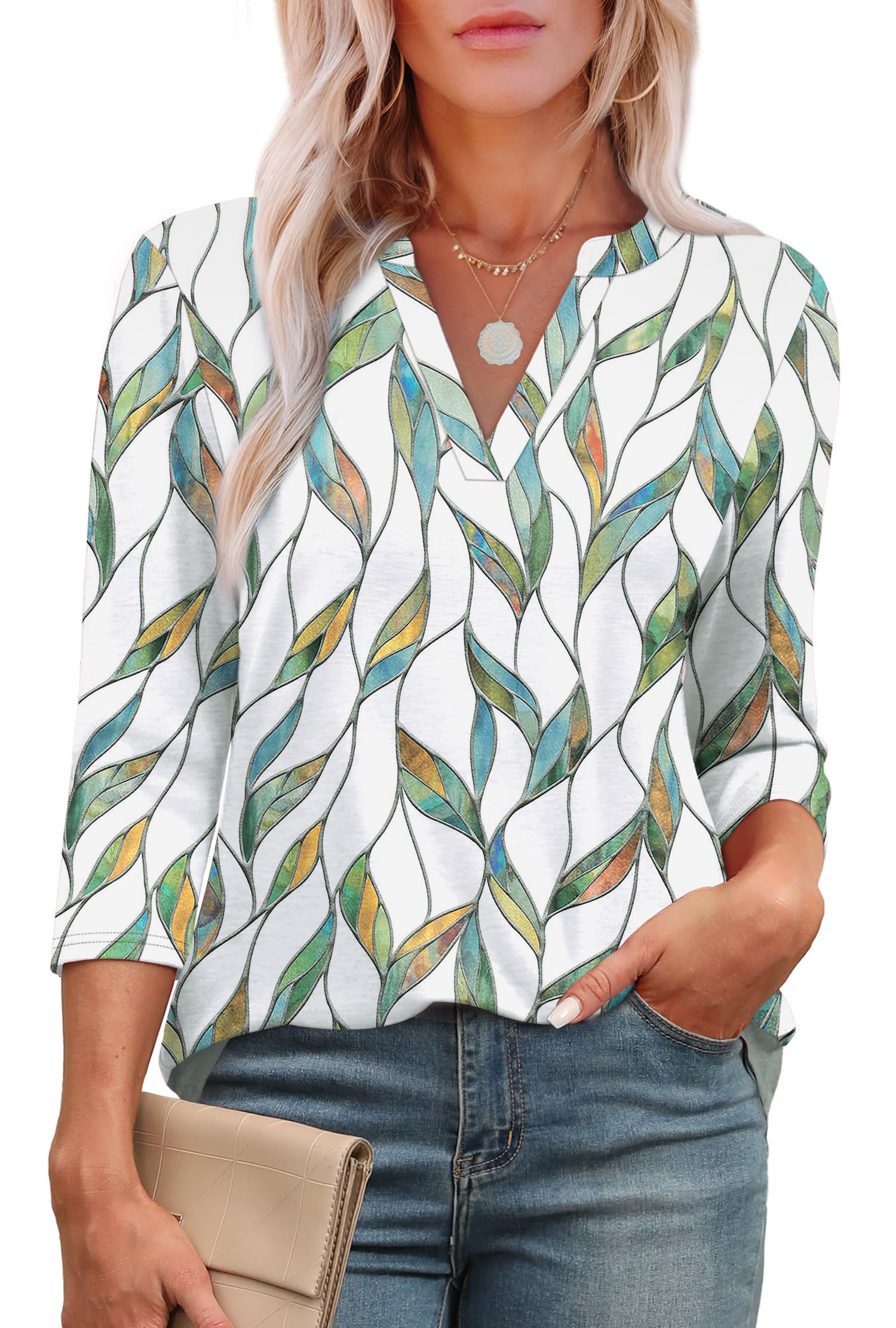 OFEEFAN 3/4 Length Sleeve Womens Tops V Neck Tunic Shirts Loose Curved Hem Blouses Dressy Casual S-3XL-59