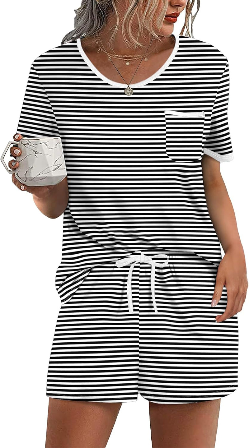 Ekouaer Pajama Set for Women 2 Piece Lounge Set Short Sleeve Tops and Shorts Soft Sleepwear, Chest Pocket-89