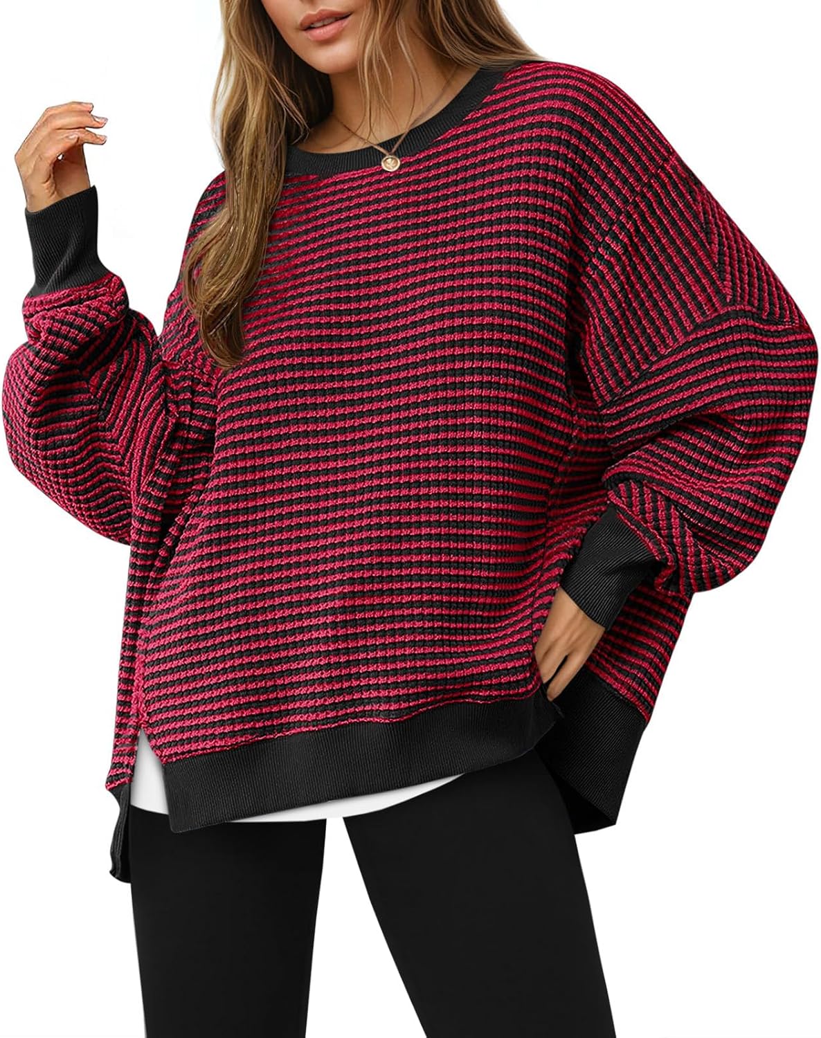 Fisoew Women's Fall Oversized Sweatshirt Casual Waffle Knit Long Sleeve Crewneck Split Pullover Tunic Tops-32