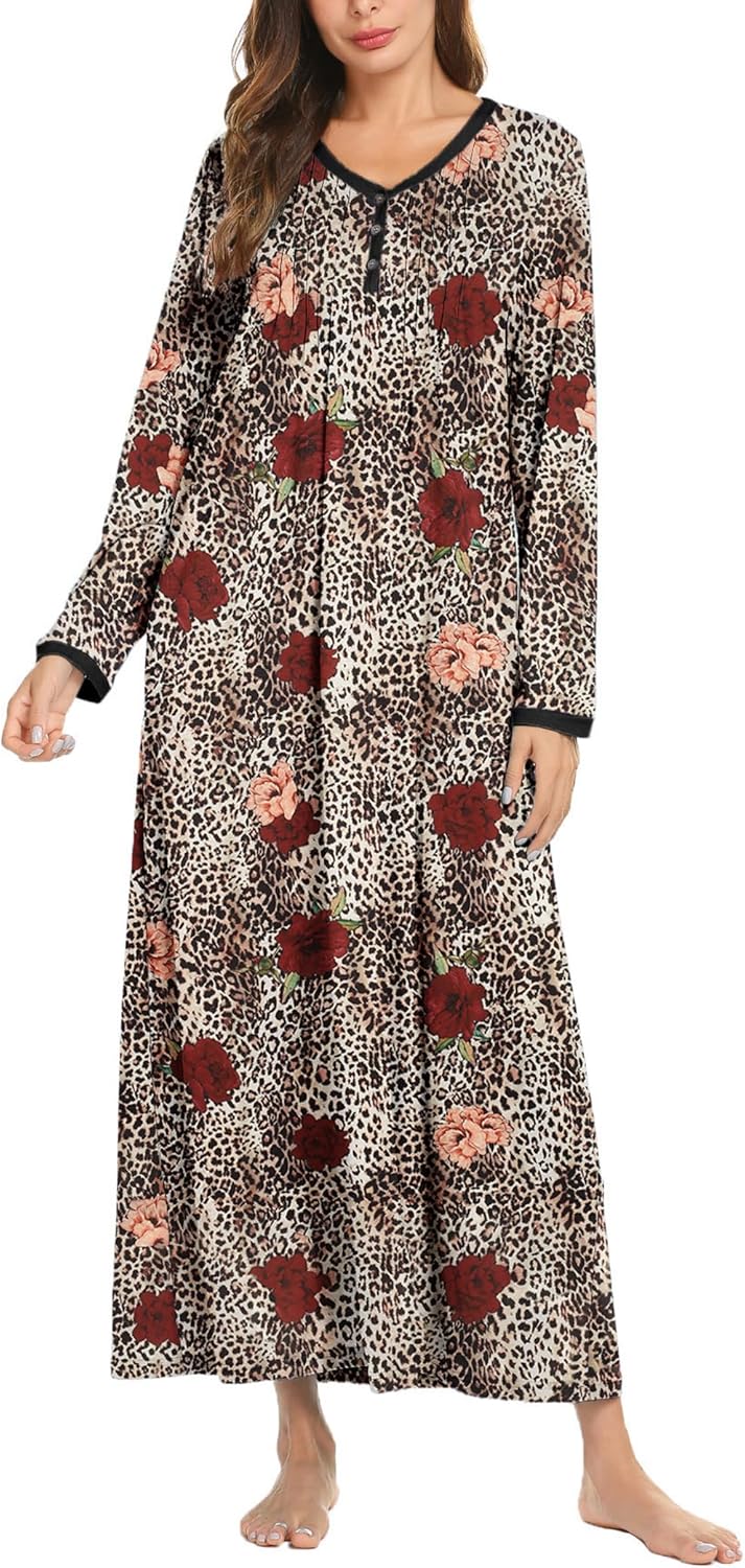 Ekouaer Women's Long Sleeve Nightgown Full Length Sleepwear Long Sleepshirts Henley Sleep Dress S-4XL-70