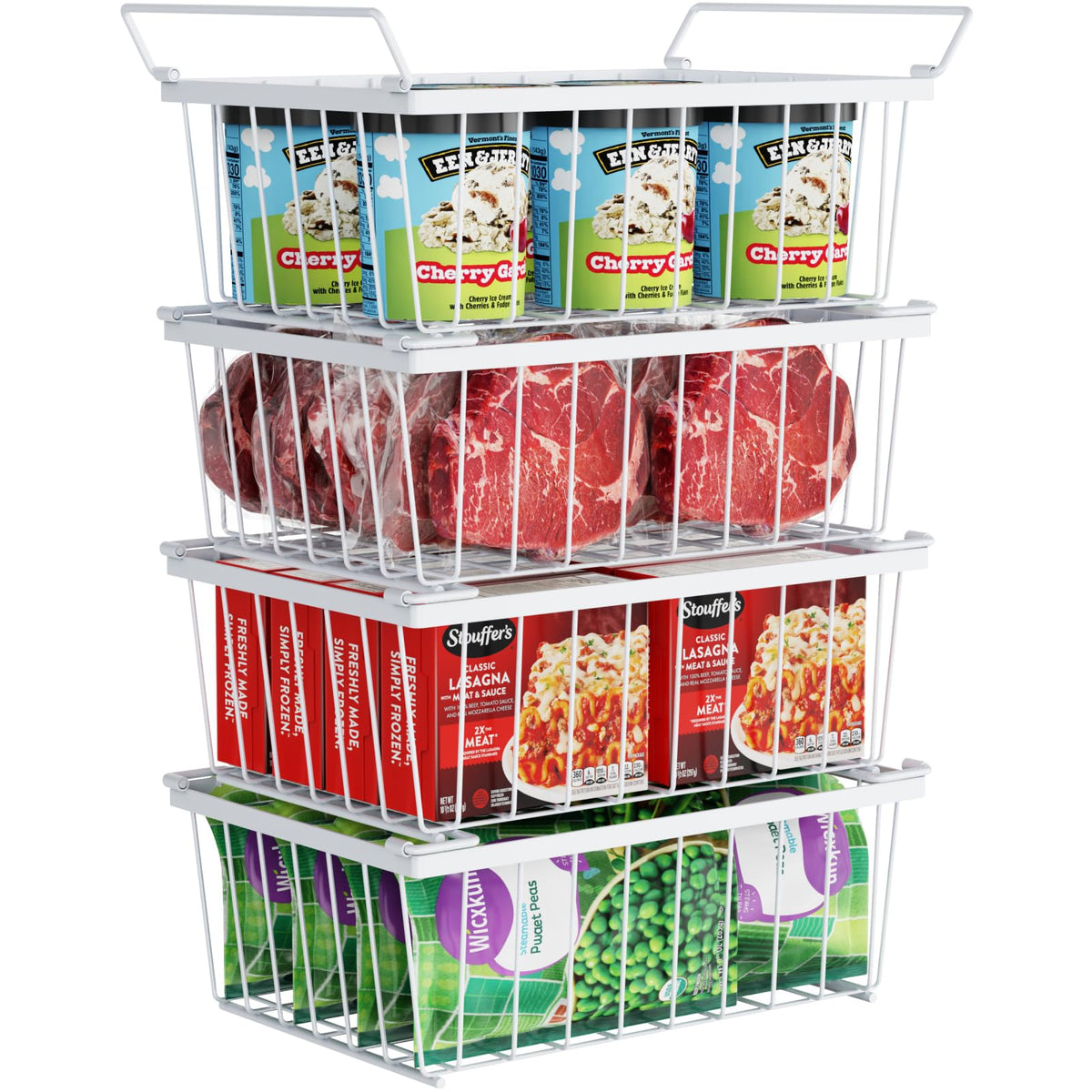 iSPECLE Freezer Organizer Bins - Storage Baskets for 5 Cu.Ft, 4 Pack | Easy Food Access, Stackable Wire Storage, Vertical Space for Frozen Food, Sorts Meat, Vegetables and Bagged Items, Home