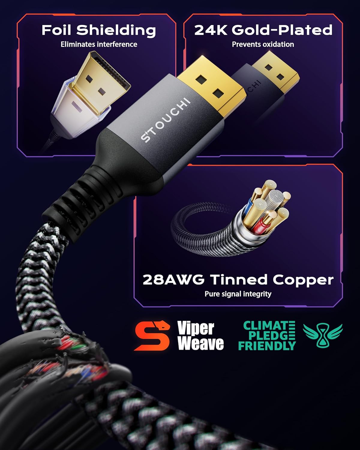 Stouchi VESA Certified DisplayPort 2.1 Cable 10FT/3M, 54Gbps UHBR13.5 [16K 8K 4K@240Hz] DP Cord, Support FreeSync G-Sync, DSC 1.2a, Snag-Free Connector for RTX 5090/4090, Gaming Monitor