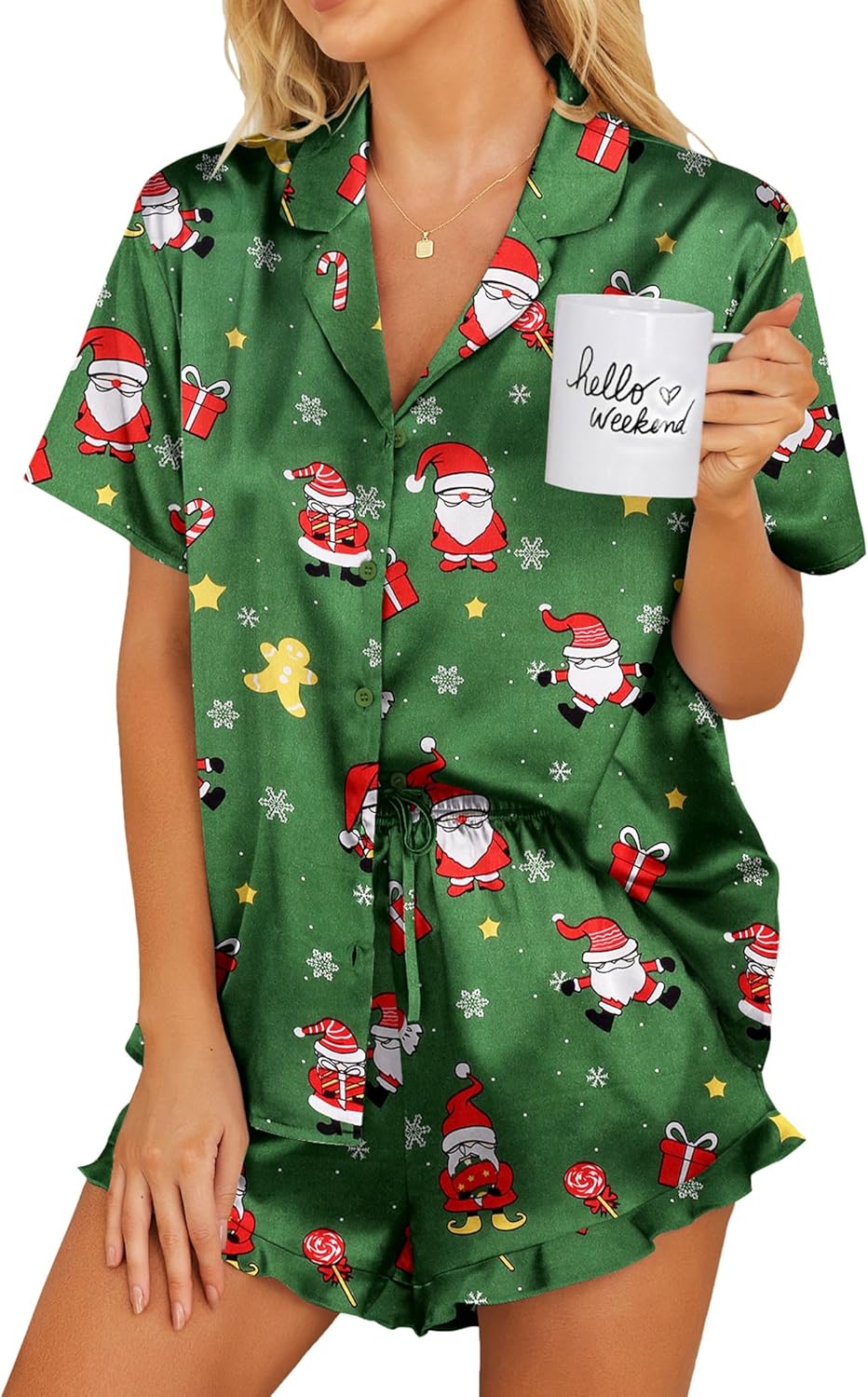 Ekouaer Womens Satin Pajamas Set Button Down 2 Piece Silk Pjs Shorts Set Ruffle Lingerie Notch Collar Sleepwear-16