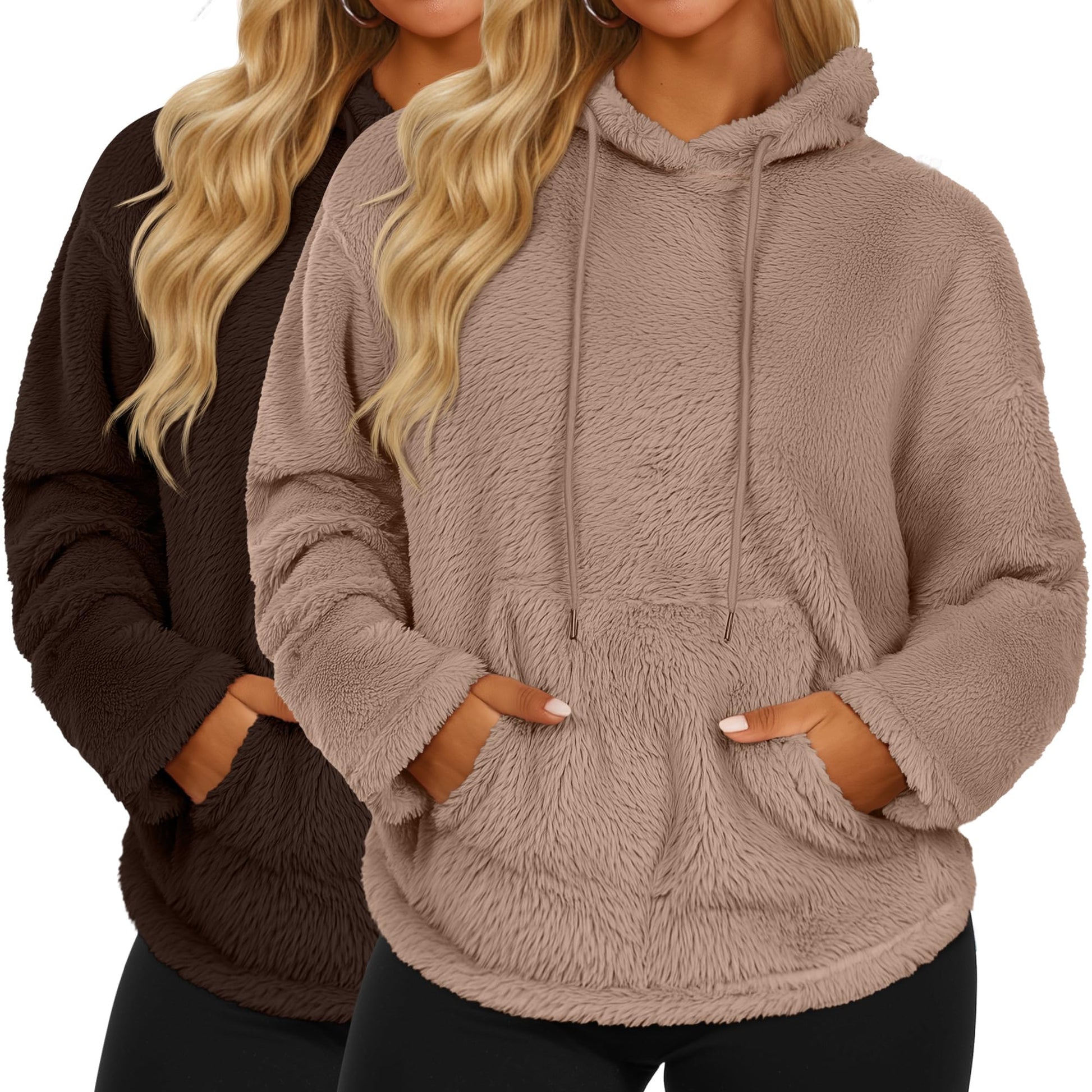 2 Pack Women's Double Fuzzy Fleece Hoodies, Kangaroo Pocket Pullover Winter Drawstring Oversized Loose Sweatshirts-1