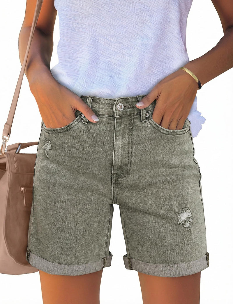 luvamia Women's Casual Ripped Denim Shorts High Rise Distressed Rolled Hem Jeans Shorts
