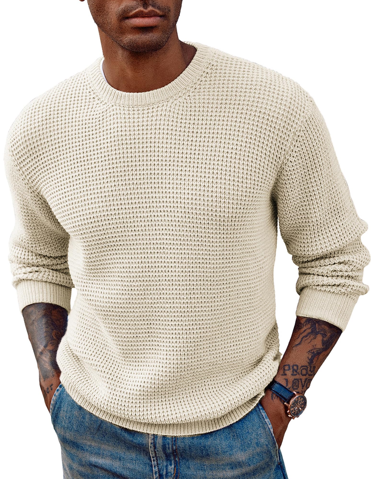 PJ PAUL JONES Mens Pullover Sweater Waffle Textured Long Sleeve Knitted Sweaters-7