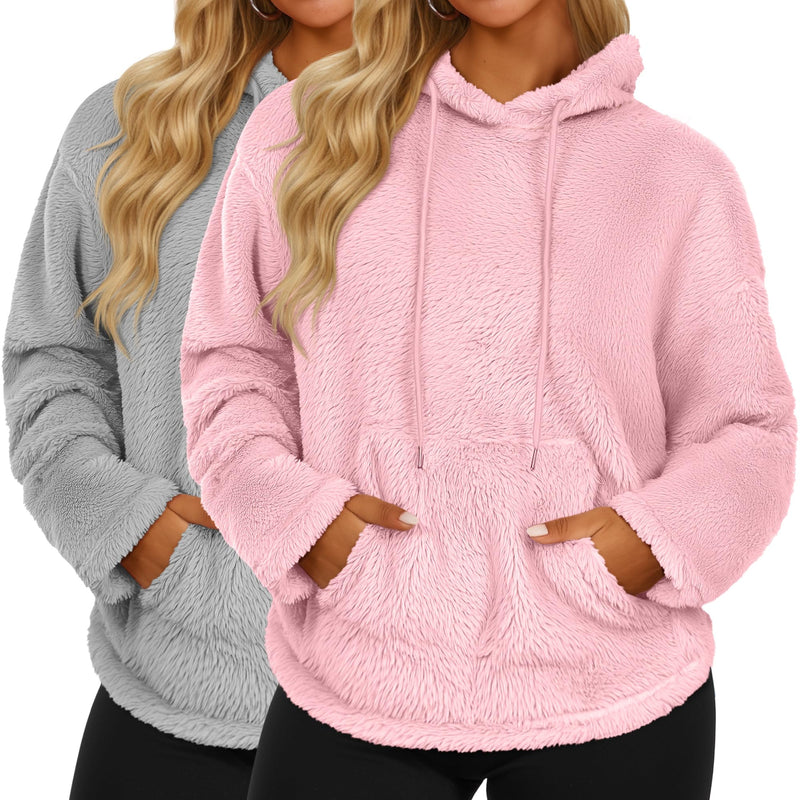 2 Pack Women's Double Fuzzy Fleece Hoodies, Kangaroo Pocket Pullover Winter Drawstring Oversized Loose Sweatshirts-12