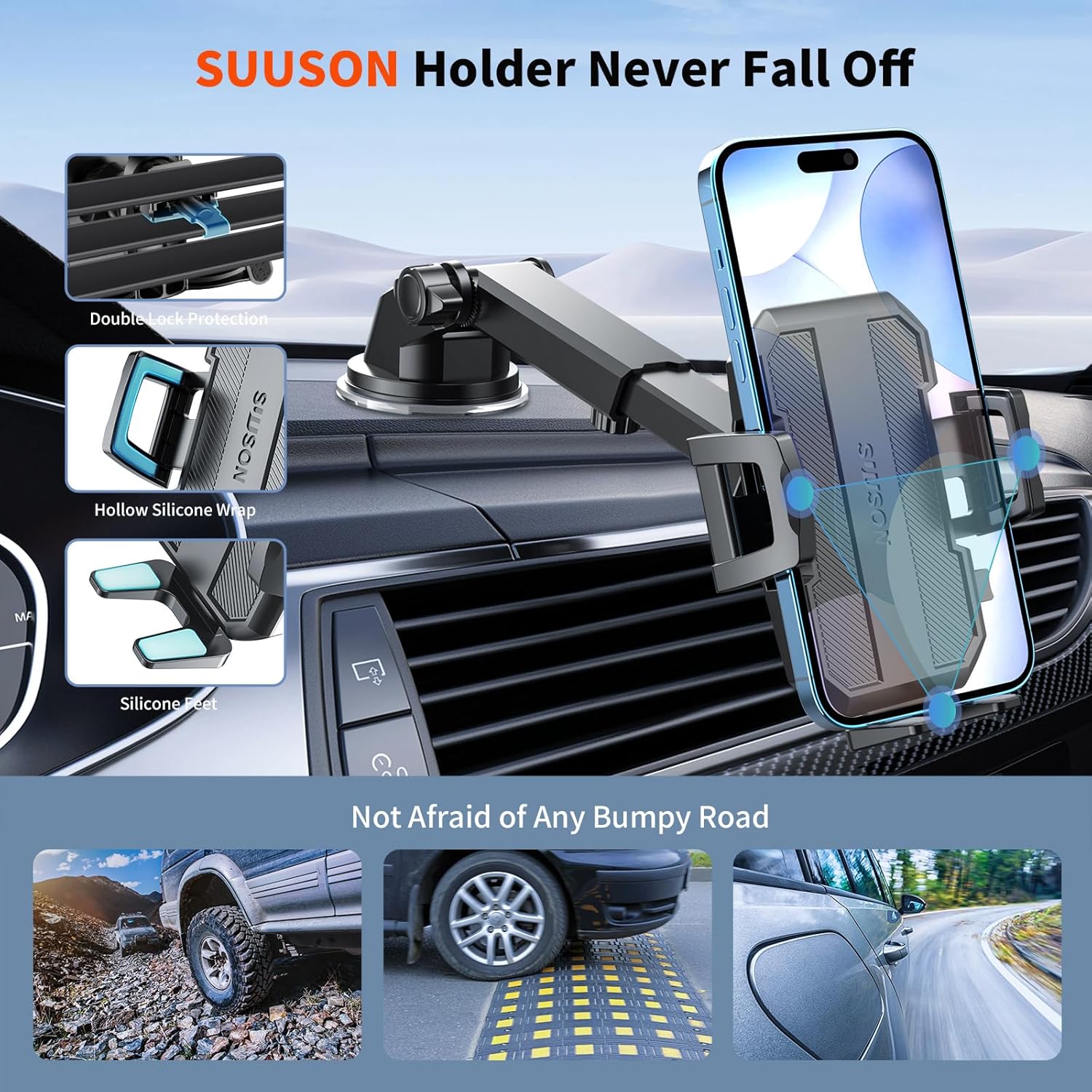 Upgraded 3-in-1 Car Phone Holder Mount [Powerful Suction] Phone Mount for Car Dashboard Air Vent Windshield,for All iPhone Android Phone (Black)