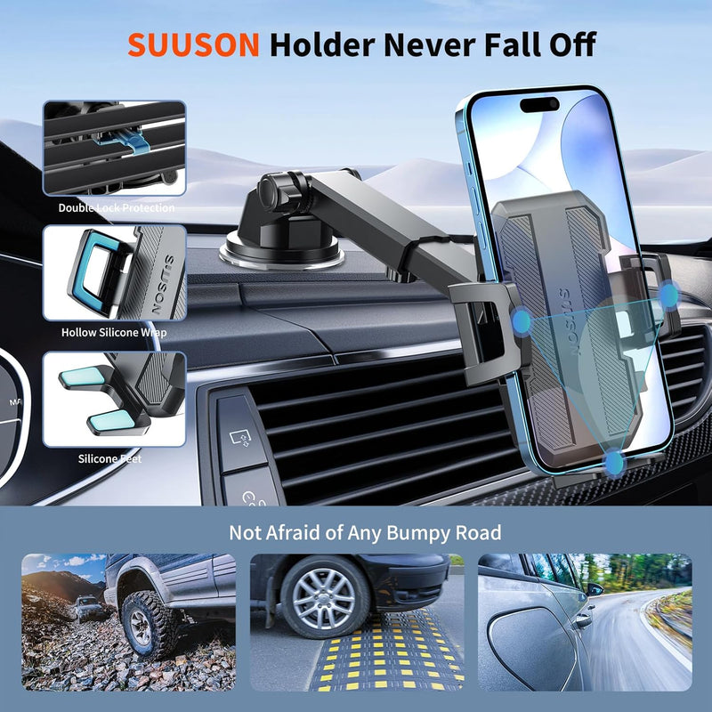 Upgraded 3-in-1 Car Phone Holder Mount [Powerful Suction] Phone Mount for Car Dashboard Air Vent Windshield,for All iPhone Android Phone (Black)