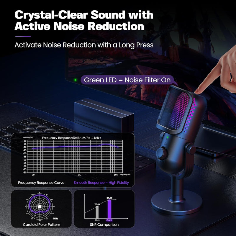 USB Microphone for PC Gaming: Condenser Microphone RGB for Gamer with Stand Mic - Recording Mic for Computer&Laptop with Qiuck Mute - Desk Podcast Mic for Podcast & Singing & Streaming & Youtube Black
