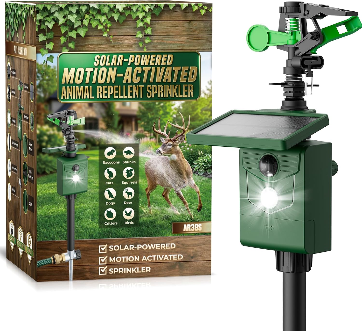 Motion Activated Animal Repeller with Water Sprinkler, Deer Repellent Devices Solar Powered, IP65 Waterproof Cat Repellent Outdoor with Flashing Light, Deter Deer Foxes Skunks Raccoons from Garden