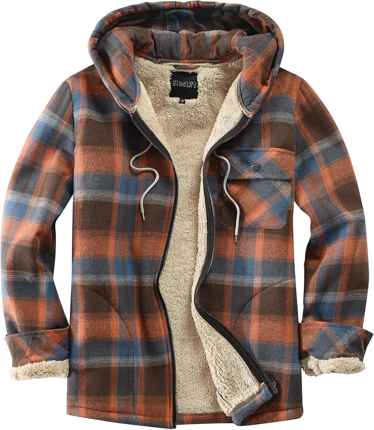 Elesuit Men's Full Zip Fleece Flannel Jacket Shirt Plaid Cotton Hoodie Coat