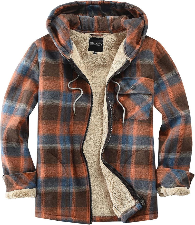 Elesuit Men's Full Zip Fleece Flannel Jacket Shirt Plaid Cotton Hoodie Coat