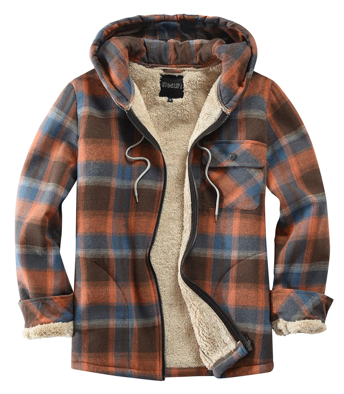Elesuit Men's Full Zip Fleece Flannel Jacket Shirt Plaid Cotton Hoodie Coat