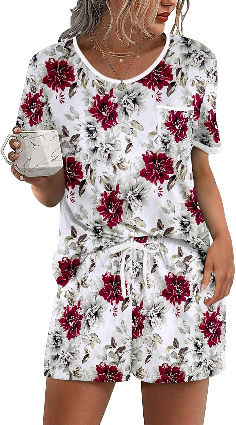 Ekouaer Pajama Set for Women 2 Piece Lounge Set Short Sleeve Tops and Shorts Soft Sleepwear, Chest Pocket-100