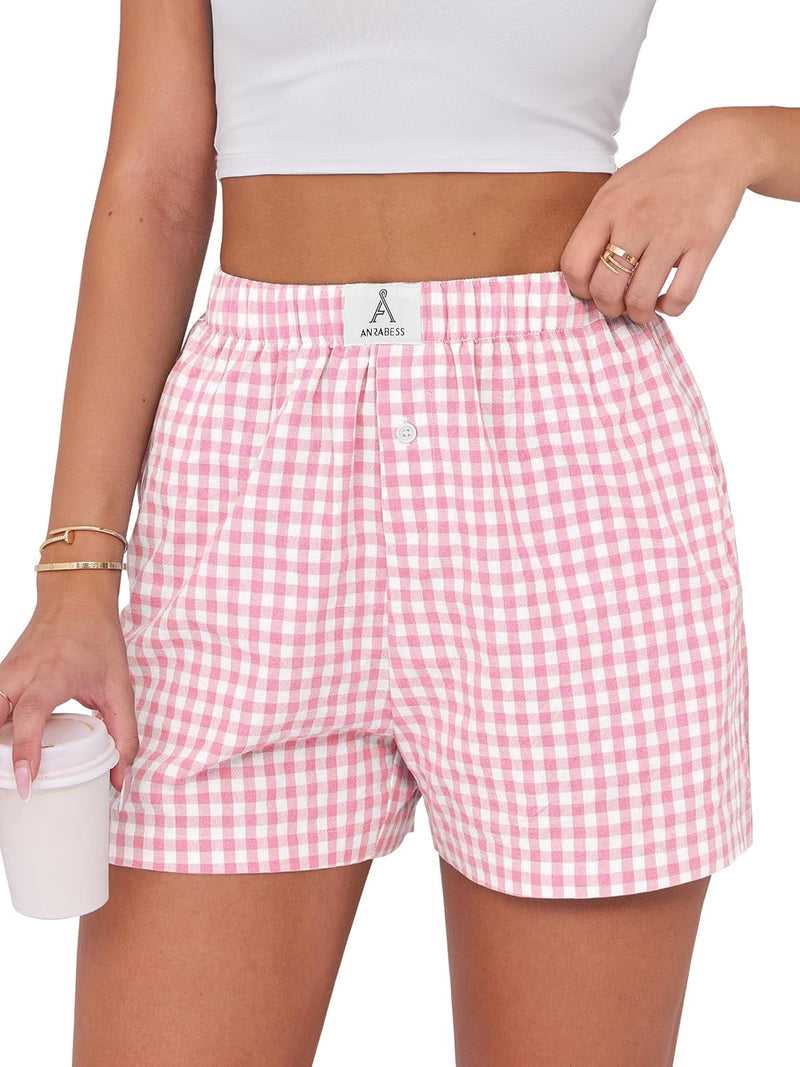 ANRABESS Boxer Shorts for Women Gingham Pajama 2026 Summer Casual Lounge Sleep Plaid Shorts Y2K Beach Bottoms-43