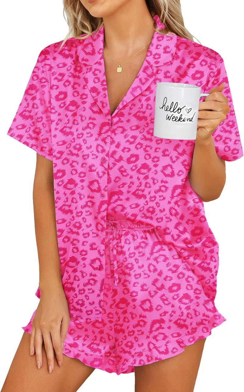 Ekouaer Womens Satin Pajamas Set Button Down 2 Piece Silk Pjs Shorts Set Ruffle Lingerie Notch Collar Sleepwear-26