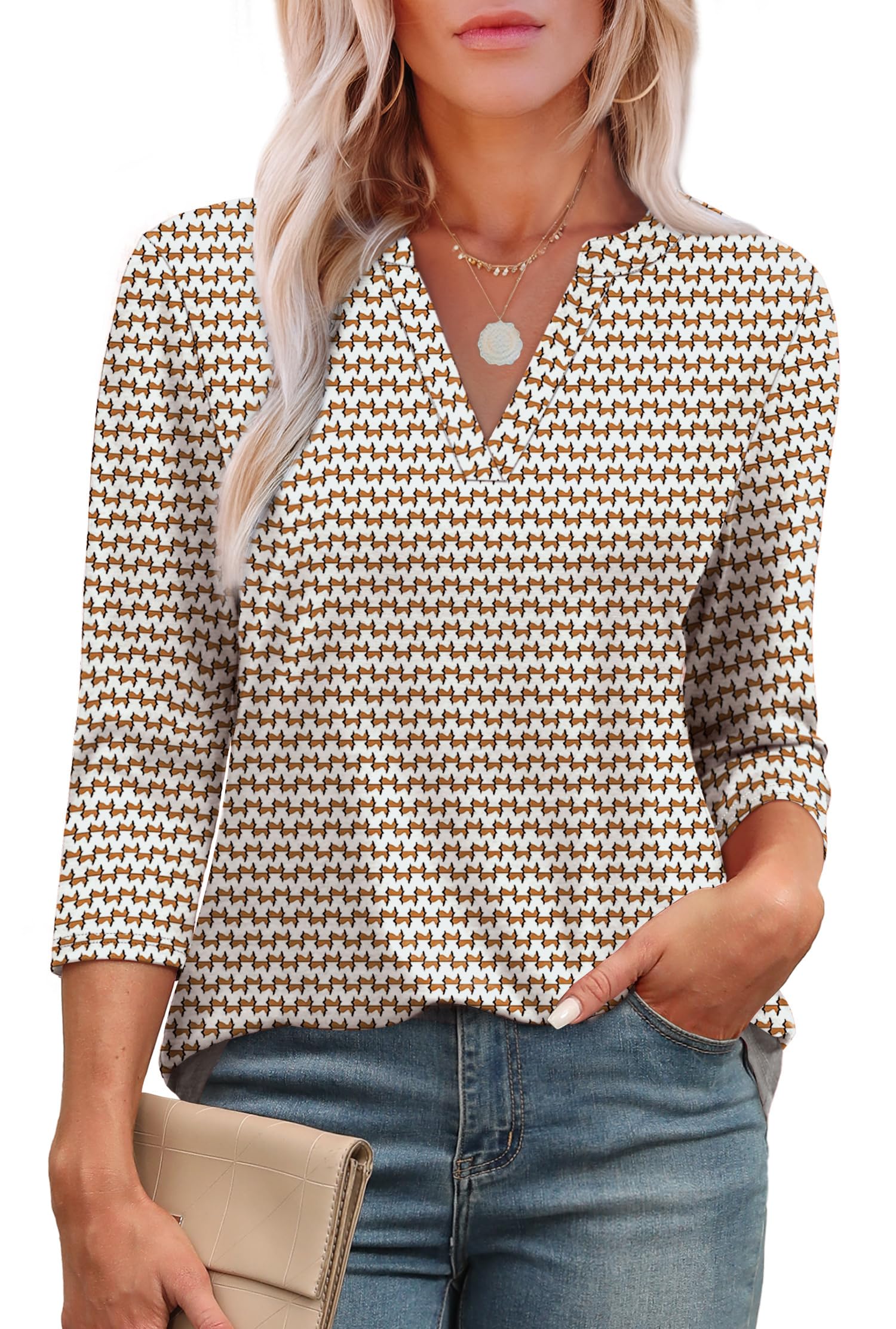 OFEEFAN 3/4 Length Sleeve Womens Tops V Neck Tunic Shirts Loose Curved Hem Blouses Dressy Casual S-3XL-42