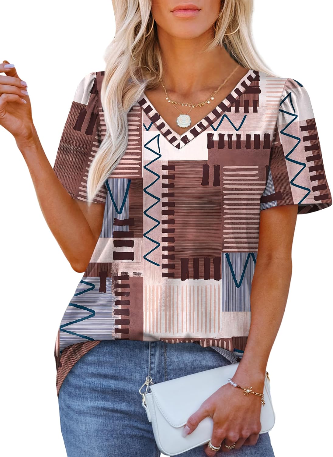 OFEEFAN T Shirts for Women V Neck Dressy Casual Blouses Puff Short Sleeve Summer Tops Loose Fit