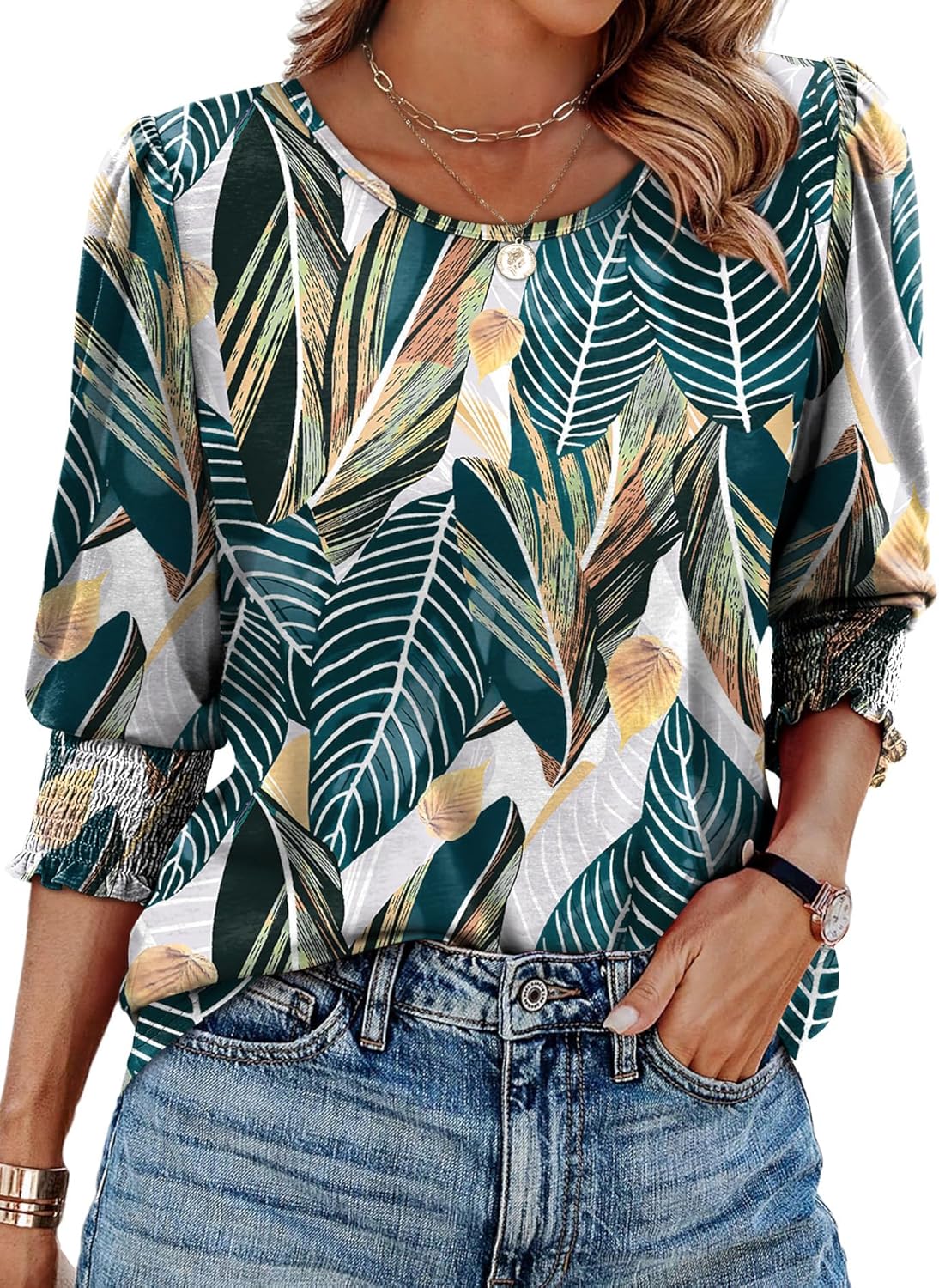 XIEERDUO Blouses for Women Dressy Casual 3/4 Length Sleeve Womens Tops with Smocked Cuffs-79