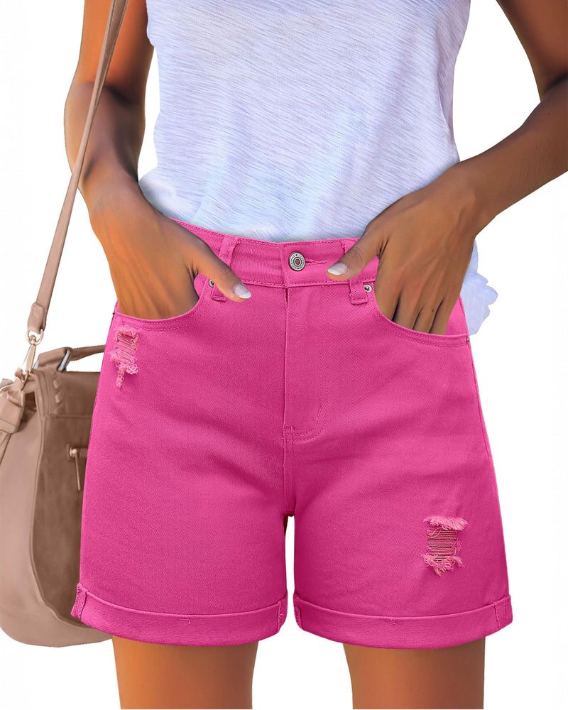 luvamia Women's Casual Ripped Denim Shorts High Rise Distressed Rolled Hem Jeans Shorts