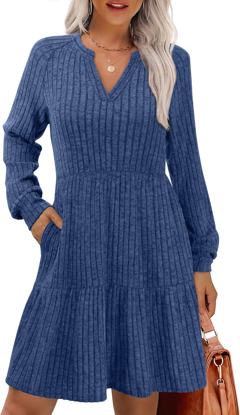 IWD Womens V Neck Long Sleeve Dress with Pockets Casual A-Line Knee Length Fall Knit Sweater Dresses 2025-8