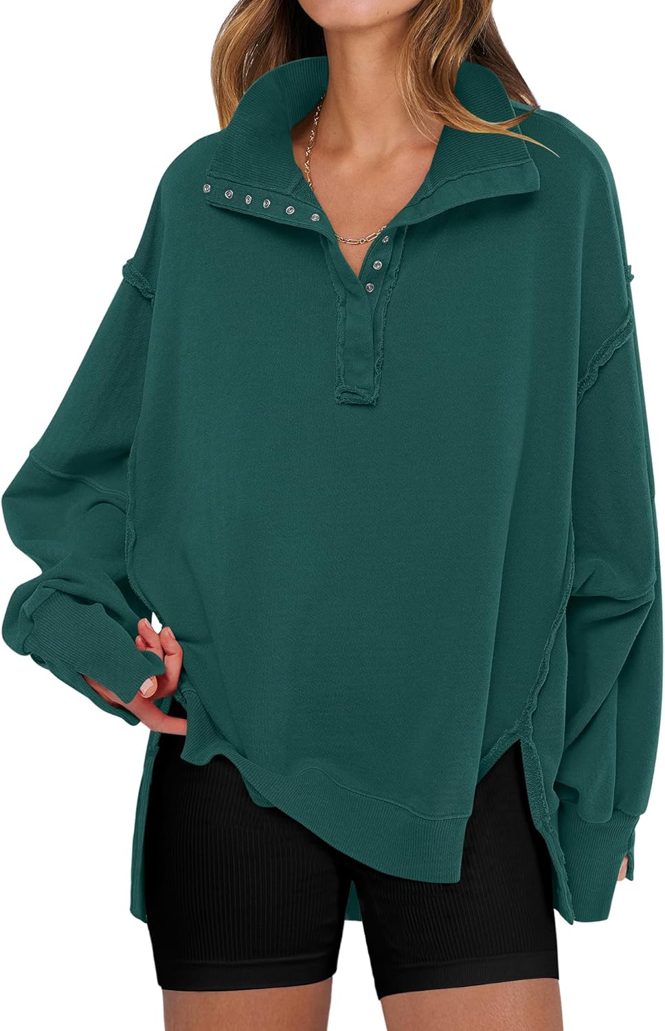 ANRABESS Women's Sweatshirts Oversized Casual Loose Button Up Henley Pullover Top High Low Split 2025 Fall Fashion Outfits-6