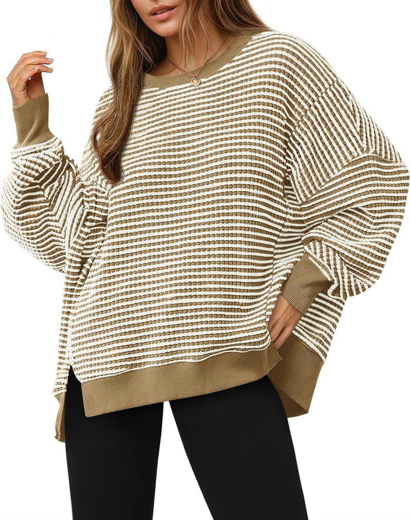 Fisoew Women's Fall Oversized Sweatshirt Casual Waffle Knit Long Sleeve Crewneck Split Pullover Tunic Tops-16