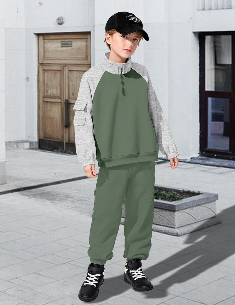 ADIRUN Boys Clothes Quarter Zip Long Sleeve with Pocket Sweatshirt Pants 2Pcs Color Block Fall Winter Outfits Set 6-12T