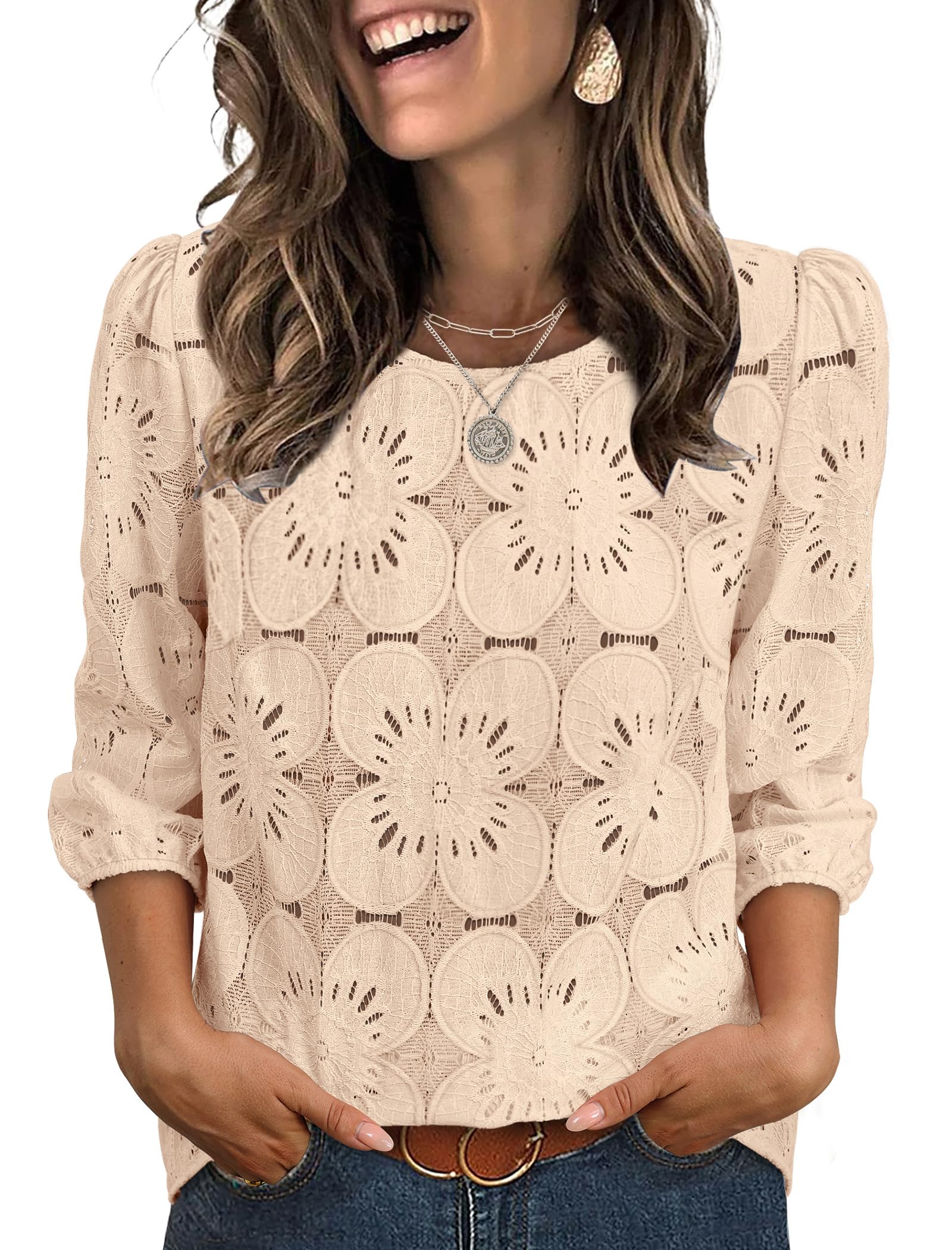 Sampeel Women Blouses Dressy Casual 3/4 Length Sleeve Tops Eyelet Lace Spring Summer Shirts Beach Vacation Clothes