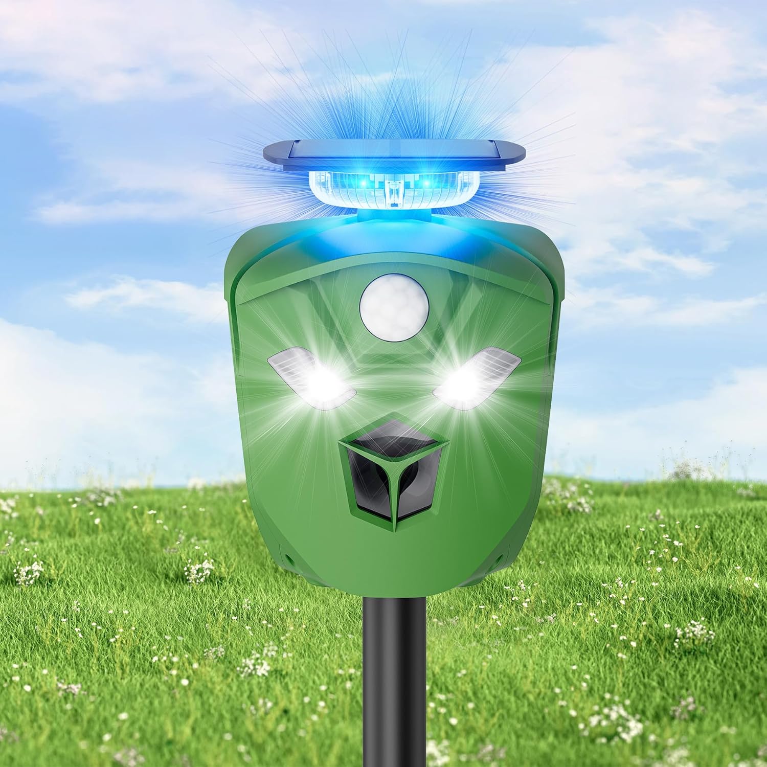 360° Solar Animal Repellent for Yard & Garden – No Blind Spot Motion Sensor to Keep Deer, Raccoons & Cats Away, Waterproof Ultrasonic & Flashing Light Outdoor Deer Repellent Device