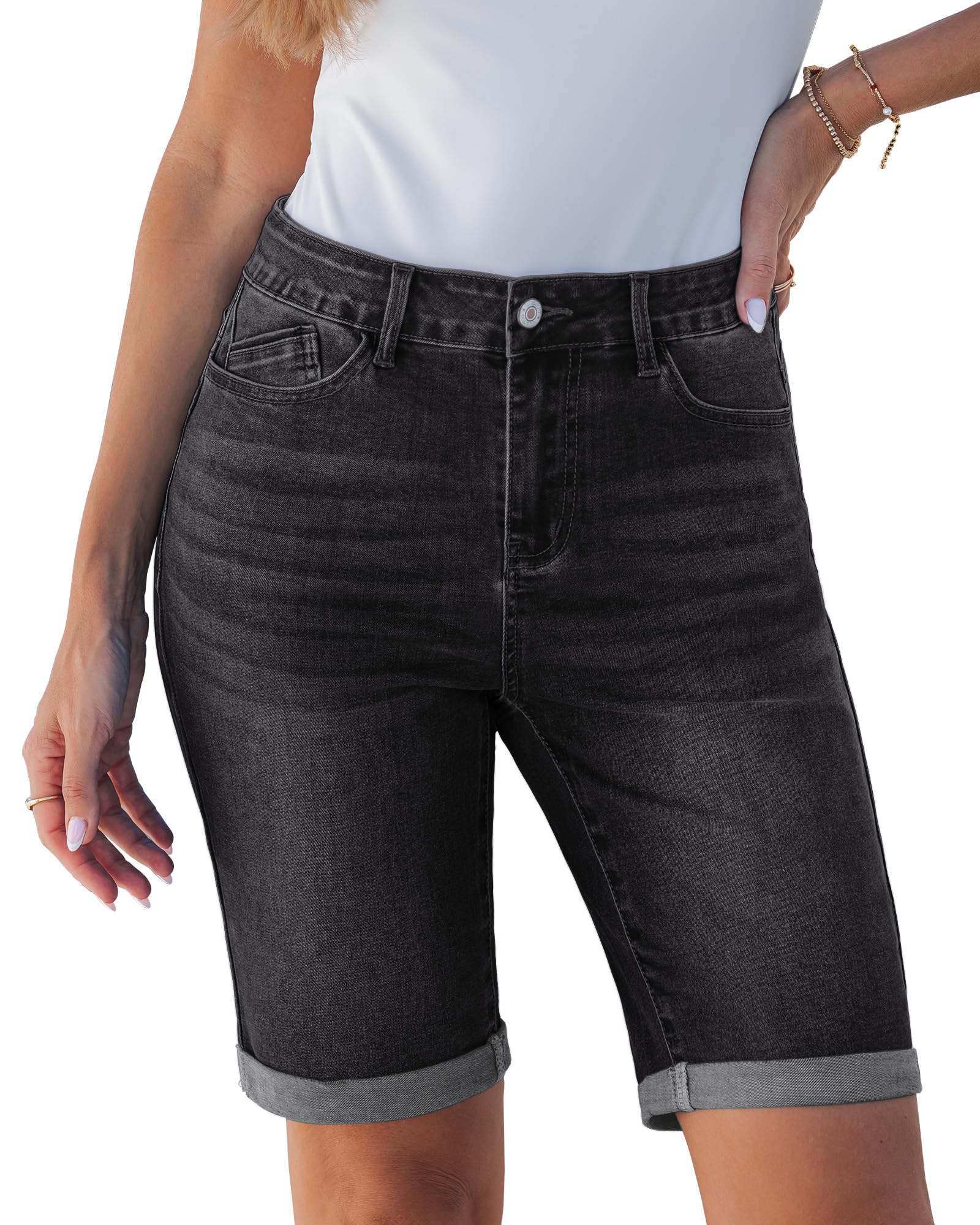 luvamia Bermuda Jean Shorts for Women Knee Length High Waisted Trendy Cuffed Hem Long Stretchy Denim Shorts Summer Jorts