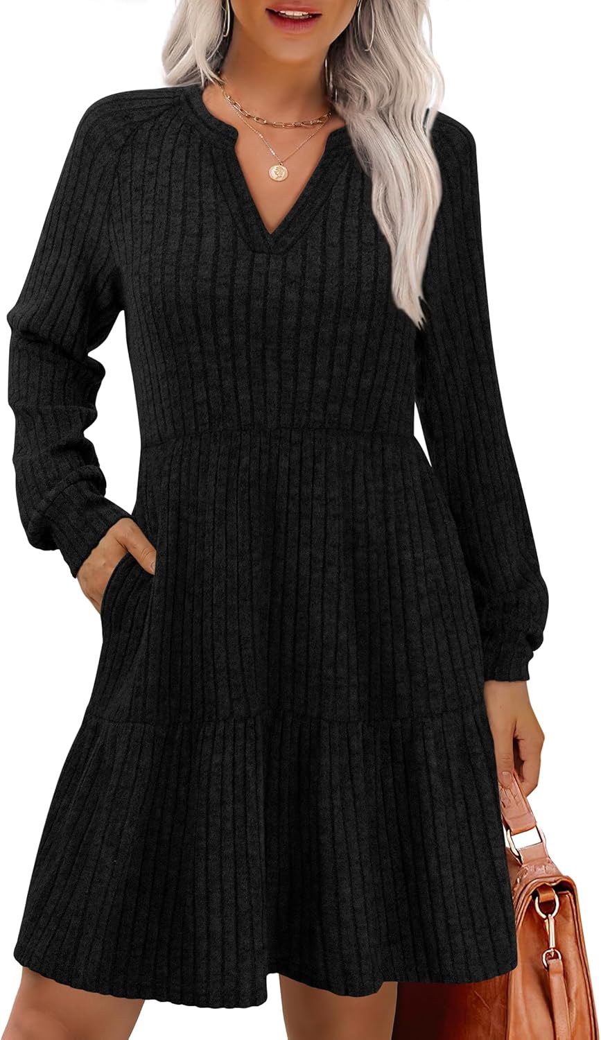 IWD Womens V Neck Long Sleeve Dress with Pockets Casual A-Line Knee Length Fall Knit Sweater Dresses 2025-9