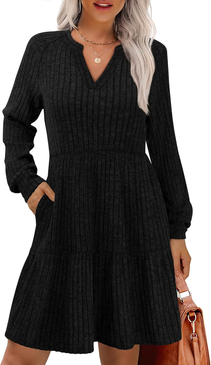 IWD Womens V Neck Long Sleeve Dress with Pockets Casual A-Line Knee Length Fall Knit Sweater Dresses 2025-4