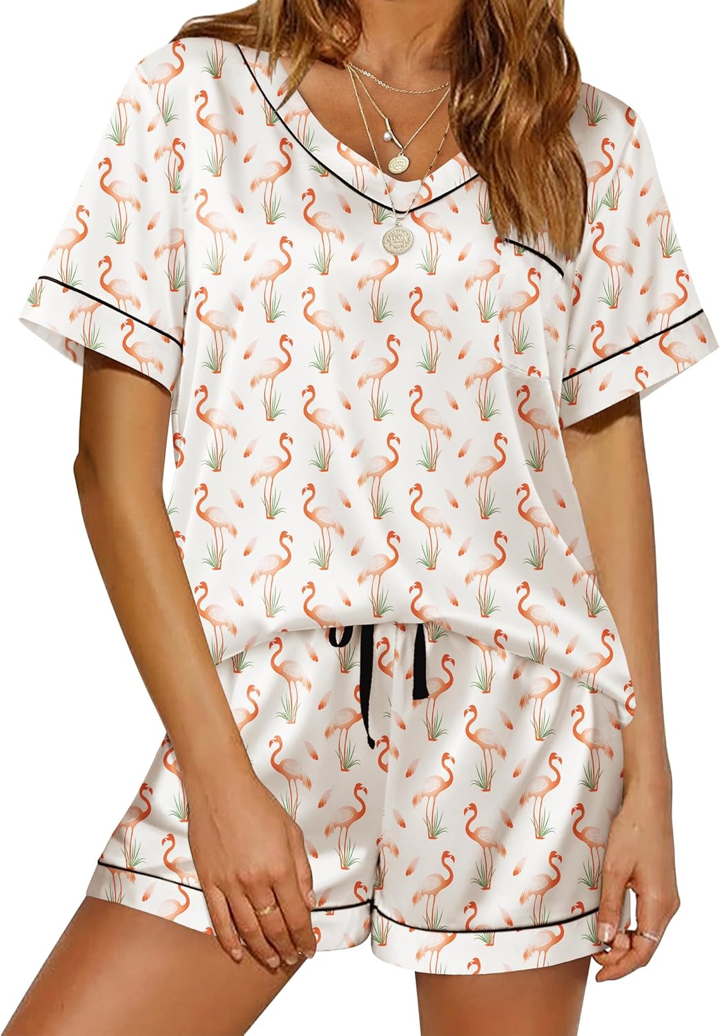 Ekouaer Silk Pajama for Women Short Sleeve Satin Pj Set Two Piece Soft Sleepwear Loungewear, S-XXL-26