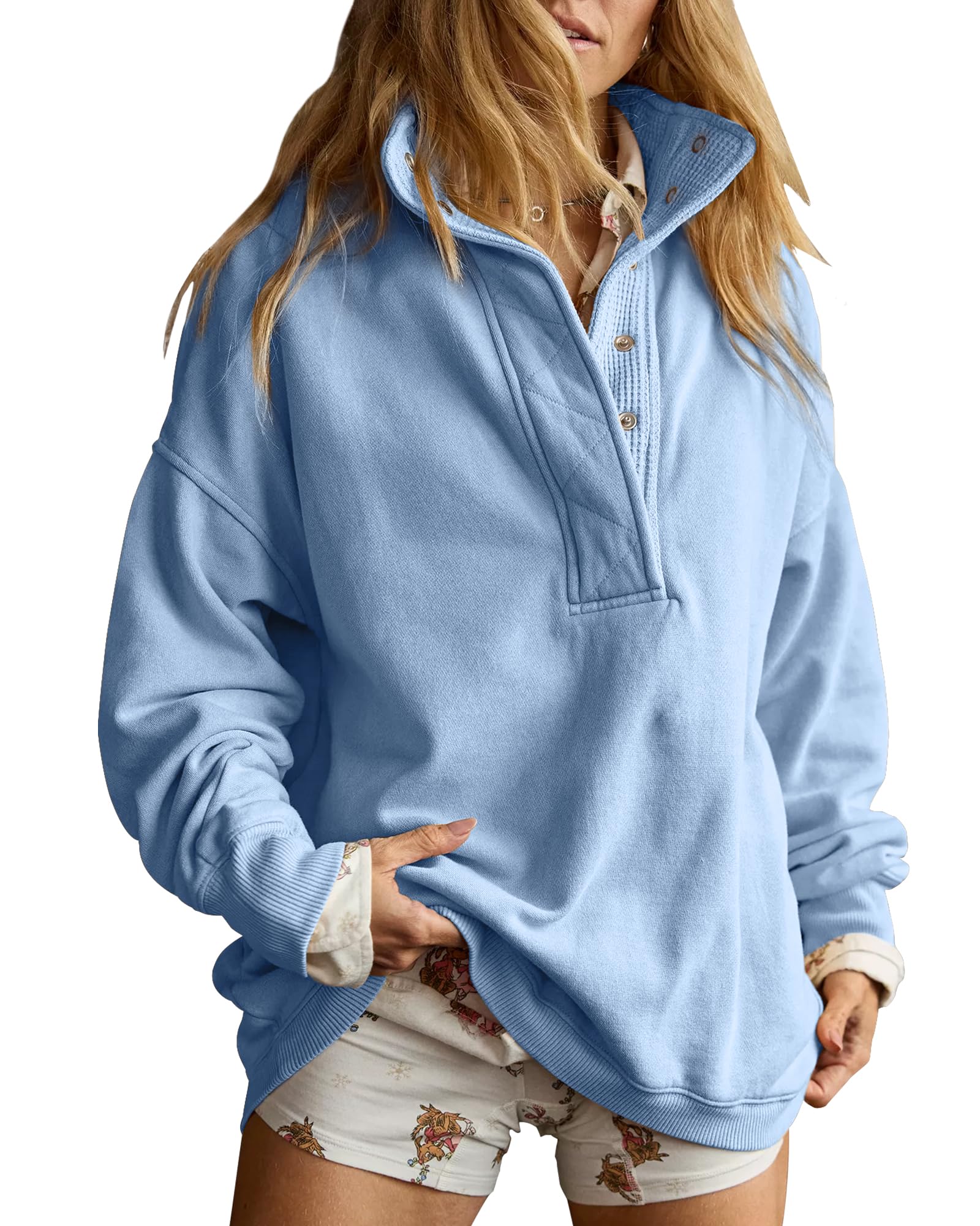 Gacaky Sweatshirt for Women Oversized Casual Long Sleeve Button Henley Neck Pullover Tops Fashion Outfits Clothes-25