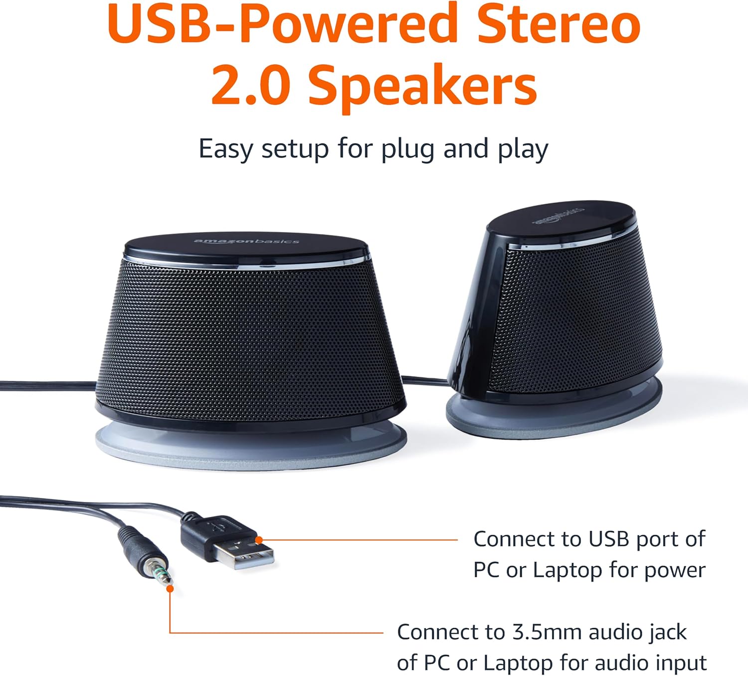Amazon Basics Stereo 2.0 Speakers for PC or Laptop with Volume Control, 3.5mm Aux Input, USB-Powered, 1 Pair, Black